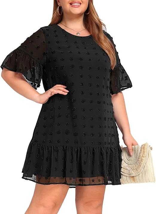 Photo 1 of 18W Plus Size Women's Plus Size Swiss Dot Short Sleeve Ruffle Cute Summer Chiffon Loose Flowy Shift Mini Dress
