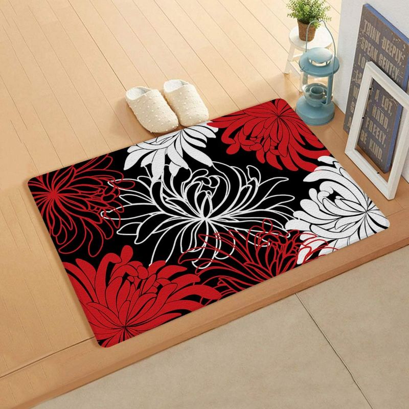 Photo 1 of Black Red Floral Antifatigue Kitchen Bath Door Mat Cushioned Runner Rug, Washable Welcome Floor Sink Mat, Abstract Black Background Waterproof & Non-Slip Comfort Standing Doormat for Kitchen, 18"x30"
