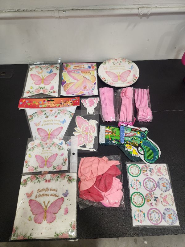 Photo 1 of Pink Butterfly Birthday Party Decorations & Supplies - Happy Birthday Banner, Cupcake Topper, Plates, Napkins, Tablecloth, Balloons, Stickers Serves 10