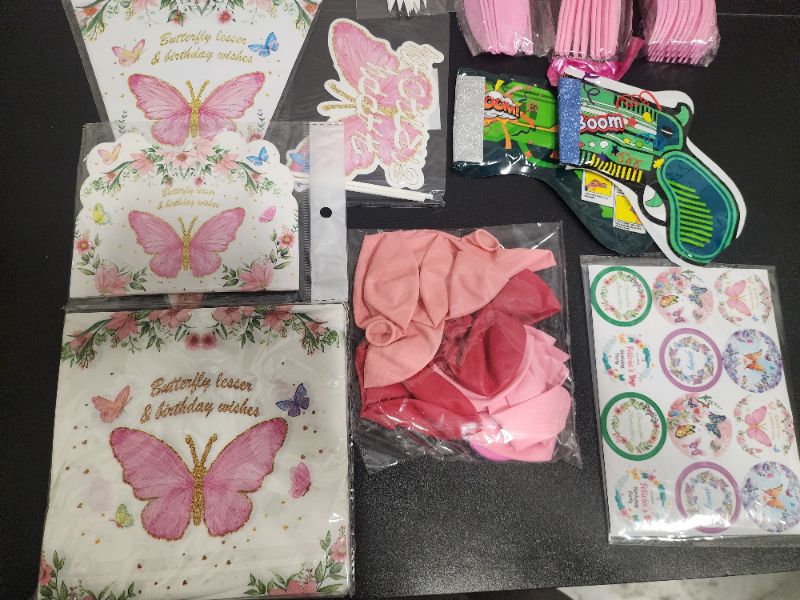 Photo 3 of Pink Butterfly Birthday Party Decorations & Supplies - Happy Birthday Banner, Cupcake Topper, Plates, Napkins, Tablecloth, Balloons, Stickers Serves 10