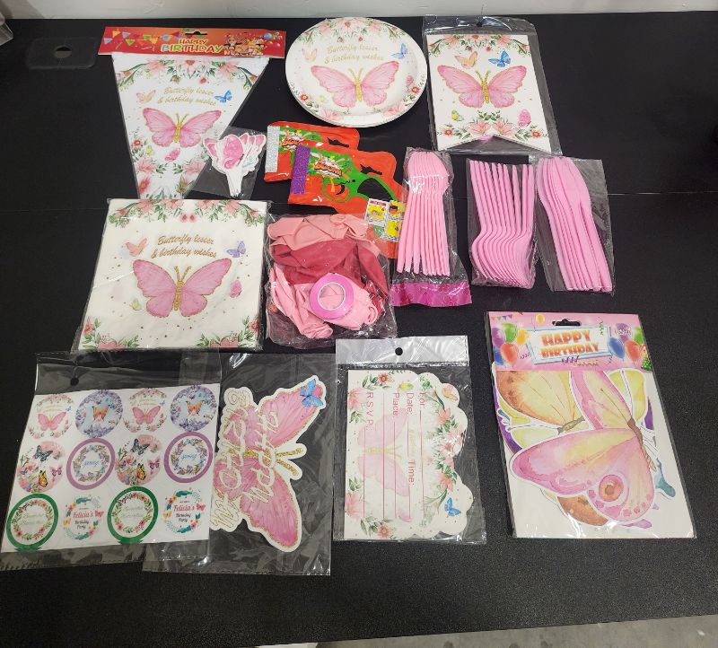 Photo 1 of Pink Butterfly Party Decorations & Supplies  Happy Birthday Banner, Cupcake Topper, Plates, Napkins, Balloons, Invitations, Stickers, Serves 10