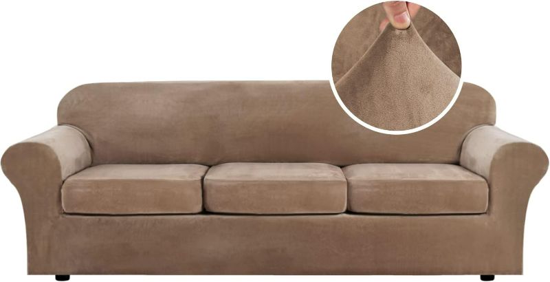 Photo 1 of H.VERSAILTEX Modern Velvet Plush 4 Piece High Stretch Sofa Slipcover Strap Sofa Cover Furniture Protector Form Fit Luxury Thick Velvet Sofa Cover for 3 Cushion Couch Width Up to 90 Inch (Sofa, Camel)
