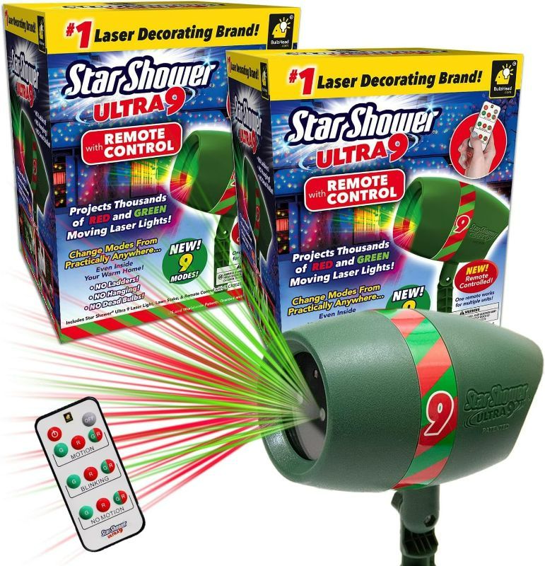 Photo 1 of STAR SHOWER ULTRA 9 OUTDOOR LASER HOLIDAY PROJECTOR WITH REMOTE, 2 PACK, AS-SEEN-ON-TV, NEW 2023 MODEL W/ 9 UNIQUE PATTERNS, SHOWERS HOME W/THOUSANDS OF LIGHTS, 3 COLOR COMBINATIONS, UP TO 3200 SQ FT
