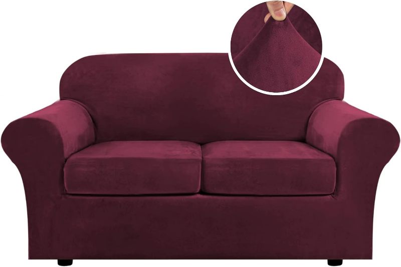 Photo 1 of H.VERSAILTEX Real Velvet Plush 3 Piece Stretch Sofa Covers Couch Covers for 2 Cushion Couch Loveseat Covers Width Up to 72 Inch Feature Thick Soft Stay in Place (Medium Sofa, Burgundy)
