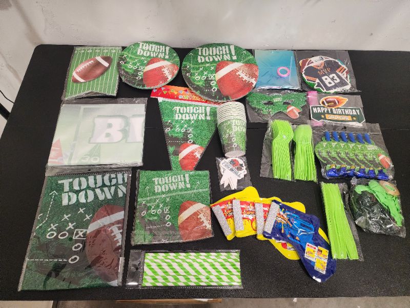 Photo 2 of Football Party Decorations, Happy Birthday Banner, Cupcake Topper, Plates, Napkins, Cup, Tablecloth, Balloons, Stickers Serves 10