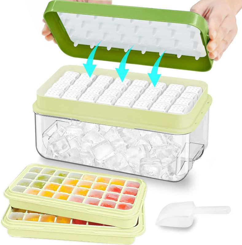 Photo 1 of ICE CUBE TRAY WITH LID AND BIN, 64 PCS ICE TRAY KIT WITH ICE SCOOP, ICE CUBE POP OUT TRAY, ICE CUBE TRAYS FOR FREEZER, ICE CUBE MOLDS, BPA FREE, EASY RELEASE STACKBLE SPILL-RESISTANT ZZWILLB (GREEN)
