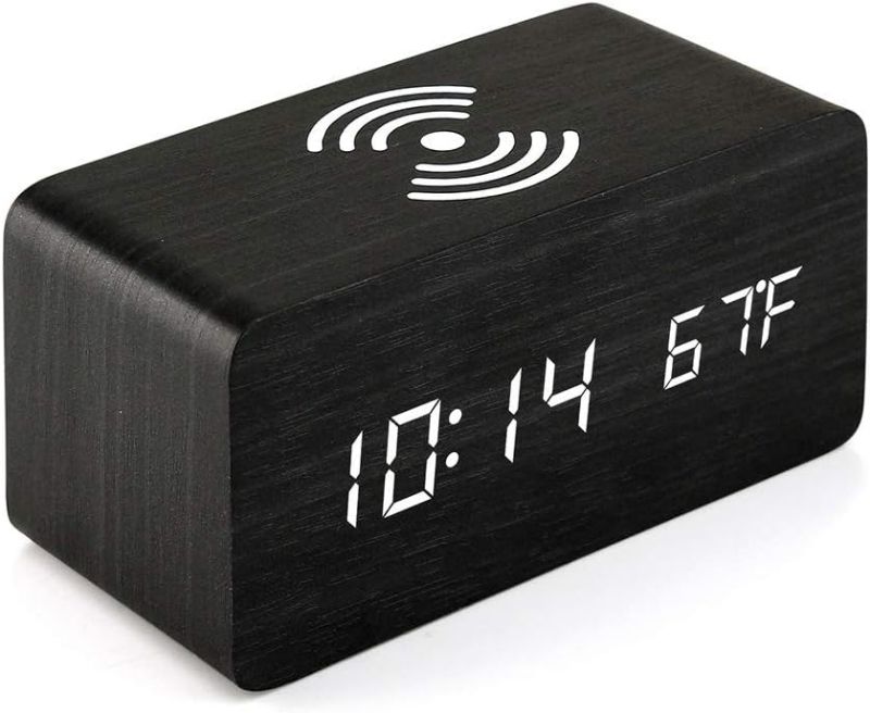 Photo 1 of OCT17 Alarm Clock with Qi Wireless Charging Pad compatible with iPhone Samsung Wood LED Digital Clock Sound Control Function, Time Date, Temperature Display for Bedroom Office Home - Black
