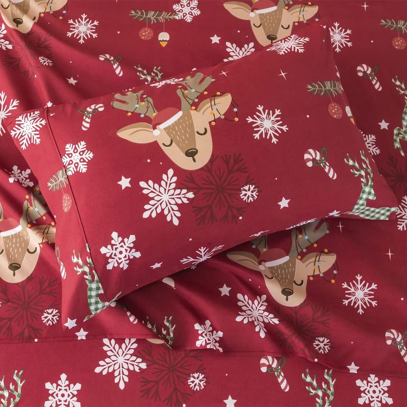 Photo 1 of Christmas Print - 100% Brushed Microfiber 1800 Thread Count Christmas Fitted Sheet , 2 Queen Size Pillow Shams.