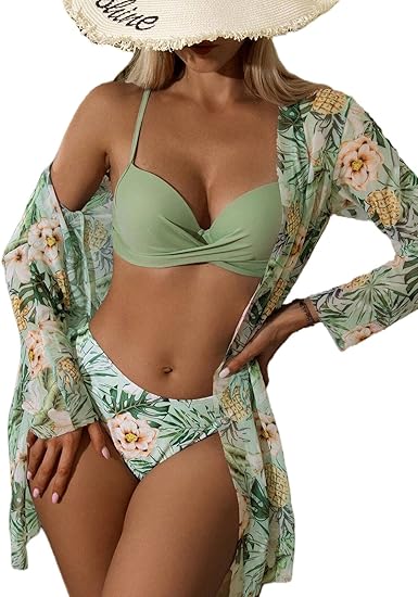 Photo 1 of Womens Small Women's 3 Piece Swimsuits Tropical Push Up Bikini Sets Beach Long Sleeve Bathing Suits with Kimono Cover Up
