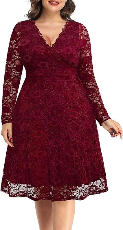 Photo 1 of Women Plus Size 24W Wedding Guest Dresses Cocktail Wrap Lace Fall Formal Long Sleeve Knee Length Evening Party Dress
