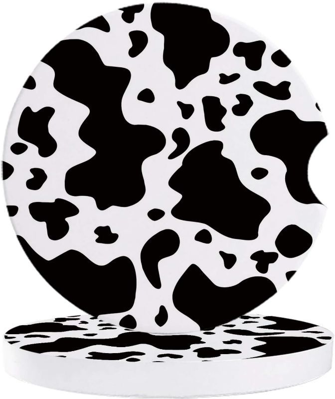 Photo 1 of 4 PACK SMALL CAR COASTERS 2.56", ABSORBENT STONE COASTERS CERAMIC CAR CUP COASTER DRINK CUP HOLDER COASTERS COW PRINT ANIMAL THEMED BLACK AND WHITE