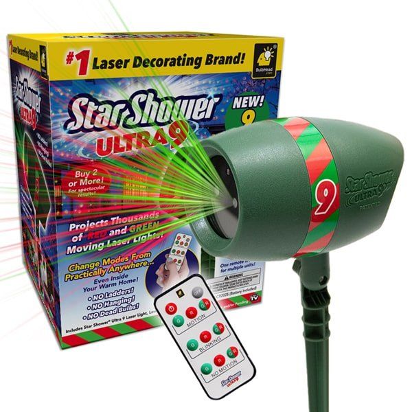 Photo 1 of STAR SHOWER ULTRA 9 OUTDOOR LASER HOLIDAY PROJECTOR WITH REMOTE, 2 PACK, AS-SEEN-ON-TV, NEW 2023 MODEL W/ 9 UNIQUE PATTERNS, SHOWERS HOME W/THOUSANDS OF LIGHTS, 3 COLOR COMBINATIONS, UP TO 3200 SQ FT
