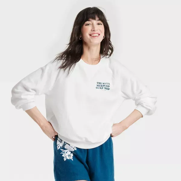 Photo 1 of Medium Women's Blue Mermaid Surf Shop Graphic Sweatshirt - White
