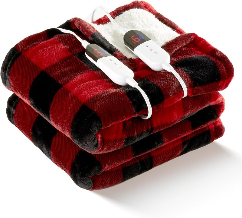 Photo 1 of Electric Heated 84"x 90" Sherpa Buffalo Plaid Christmas Queen Blanket with Dual Controllers 6 Heating Levels & 10 Hours Auto Off, Fast Heating Warm Washable Blanket with ETL Certification, Red
