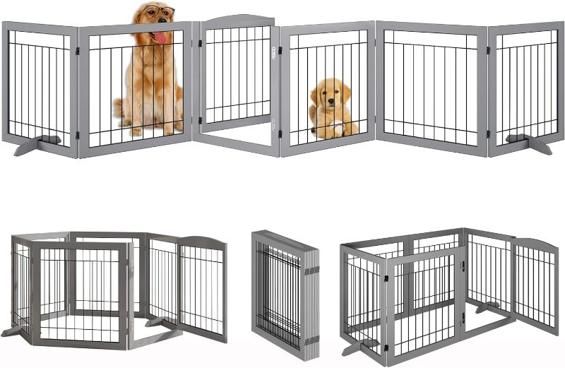 Photo 1 of Folding Pet Gate 144" Wide, 30" Tall No-Assembly Wooden Dog Gate with Door Walk Through, Freestanding Wire Pet Gate, Pet Puppy Safety Fence, with 2PCS Support - Gray
