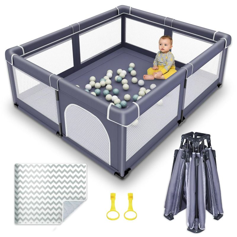 Photo 1 of Foldable Baby Playpen with Mat, Large Foldable Playpen for Babies and Toddlers, Folding Baby Activity Center, Portable Play Yard with 2 Handlers + Suitable Size Mat(Grey, 59x71 inches)
