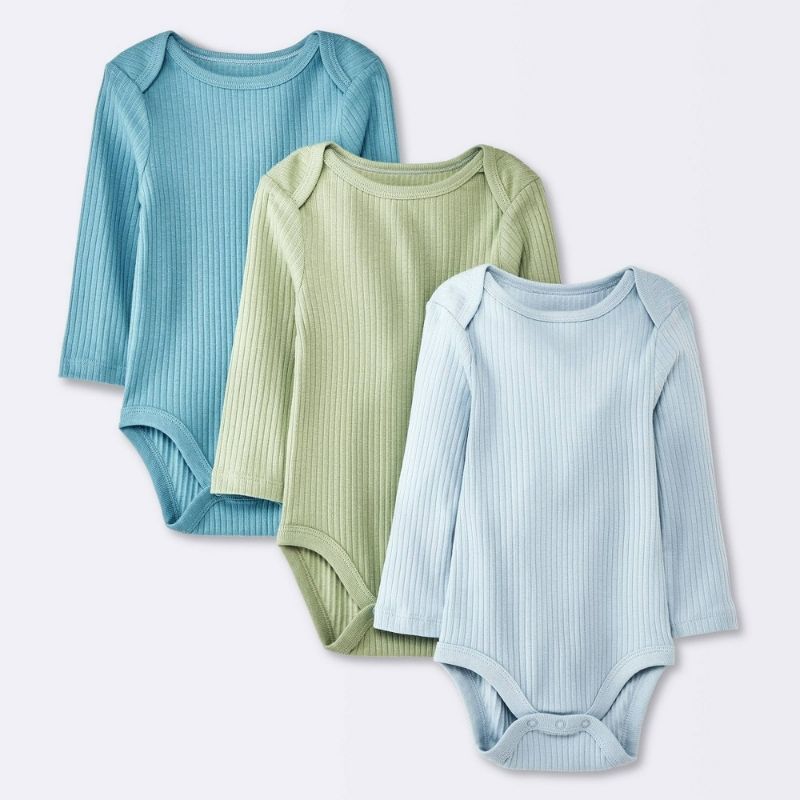 Photo 1 of Baby Boys' 3pk Long Sleeve Wide Ribbed Bodysuit - Cloud Island™ Blue 3-6M
