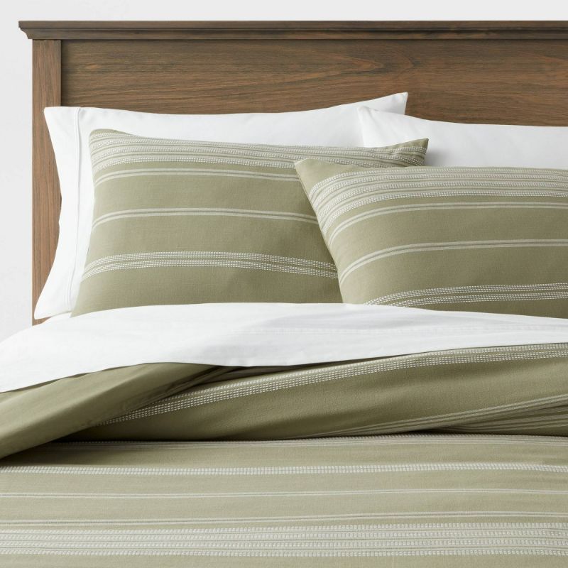 Photo 1 of Full/Queen Cotton Woven Stripe Duvet Cover & Sham Set Moss Green/White - Threshold™
