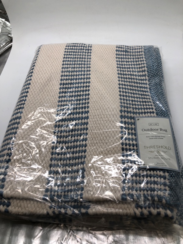 Photo 2 of 2'6"x4'2" Rectangular Hand Made Woven Outdoor Accent Rug Striped Ivory/Blue - Threshold™ Designed with Studio McGee
