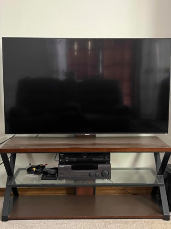 Photo 1 of 65” PANASONIC TV & WOOD TOP W GLASS SHELF ENTERTAINMENT CENTER (ELECTRONICS SOLD SEPARATELY)