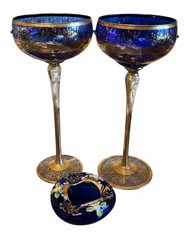 Photo 1 of 2 VINTAGE BOHEMIAN-STYLE COBALT AND GILT ART GLASS PEDESTAL COMPOTE / GOBLET, FEATURING HEAVY GOLD ENCRUSTED FLORAL DECORATION WITH COBALT BLUE JEWELED CABOCHON ACCENTS, CLEAR STEM, AND GILT FOOT, APPROX. H13” & BOHEMIAN CZECH COBALT BLUE GLASS BOWL,