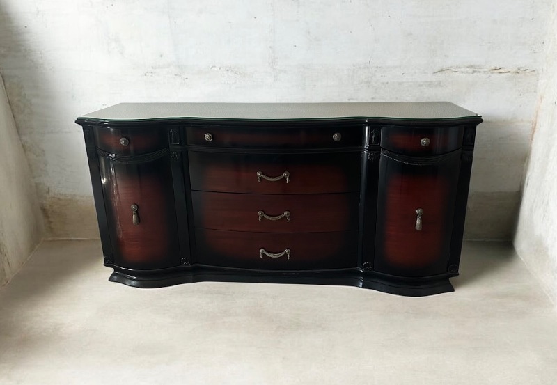 Photo 1 of SERPENTINE STYLE CREDENZA WITH A FITTED GLASS TOP & TONGUE AND GROOVE DRAWERS 71" X 21" H 35"