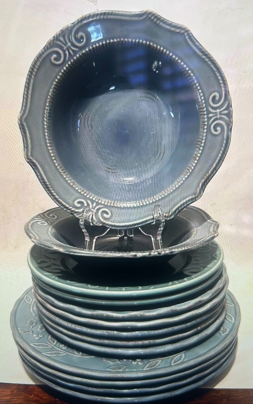 Photo 1 of 13 PC BLUE GREEN CERAMIC DINNERWARE FEATURING SCALLOPED EDGES & RAISED DECORATIVE SCROLLS