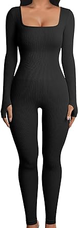 Photo 1 of OQQ Women's Yoga Ribbed One Piece Long Sleeve Workout JumpSuit Black XL