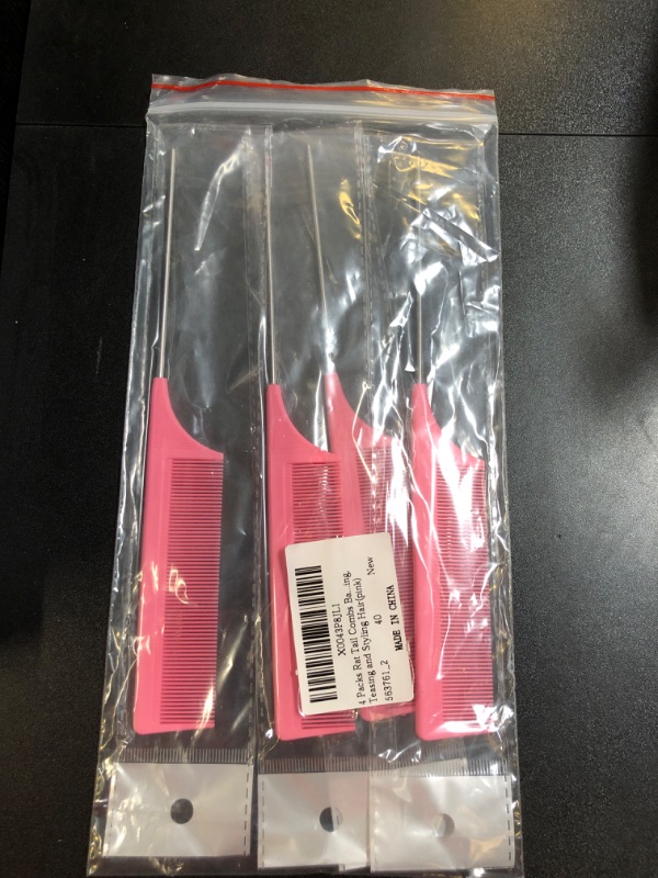 Photo 2 of 4 Packs Rat Tail Combs Barber Comb Styling Comb Rattail Comb with Metal Stainless Steel Pintail for Sectioning, Teasing and Styling Hair(pink)