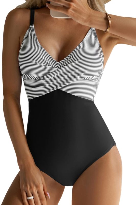 Photo 1 of B2prity Women's One Piece Swimsuits Tummy Control Front Cross Bathing Suits V Neck Cutout Back Slimming Swimwear Large 