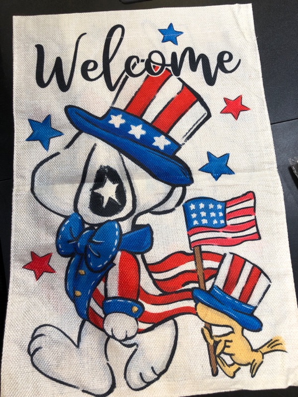 Photo 1 of Welcome July 4th Cartoon Dog Patriotic Decorative Garden Flag, Stars Stripes America USA Memorial Day Home Yard Outdoor Decor, American Summer Funny Small Outside Decoration Double Sided 12x18