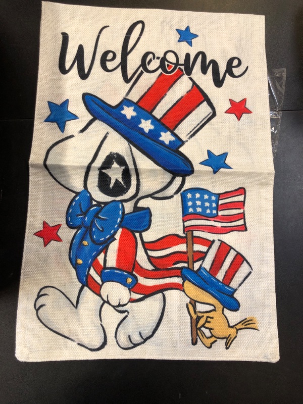 Photo 1 of Welcome July 4th Cartoon Dog Patriotic Decorative Garden Flag, Stars Stripes America USA Memorial Day Home Yard Outdoor Decor, American Summer Funny Small Outside Decoration Double Sided 12x18