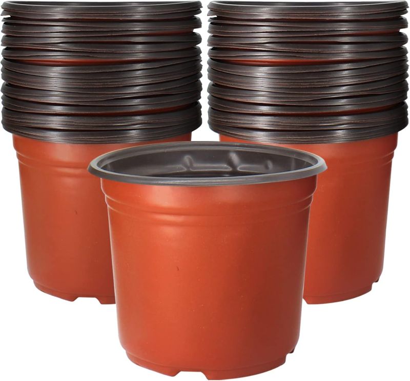 Photo 1 of 50 Pack 1 Gallon Plastic Plant Nursery Pots Thickened Soft Plastic Plant Pots with 50 Pcs Waterproof Plastic T-Type Plant Tags and 2Pcs/Set Transplanting Digging Mini Tools

