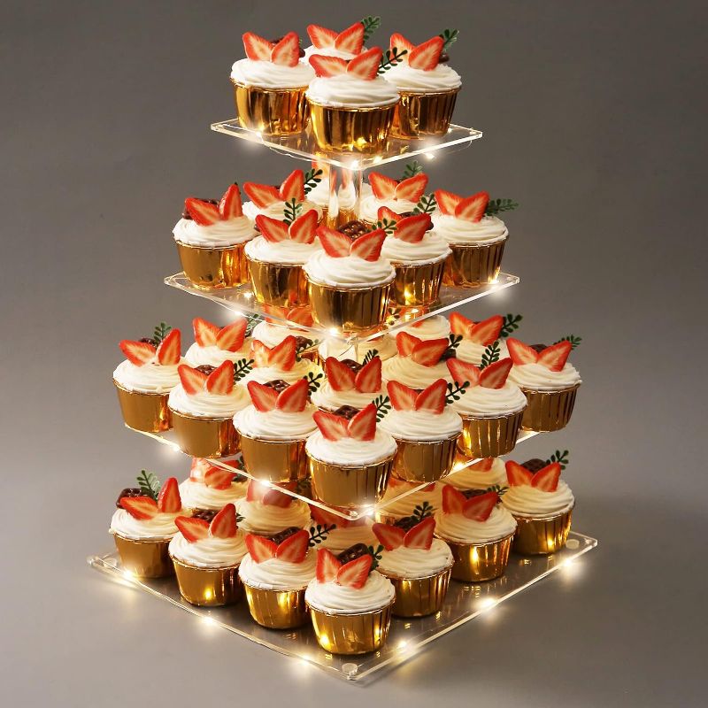 Photo 1 of 4 Tier Acrylic Cupcake Stand for 50 Cupcakes Dessert Tower with LED String - Square

