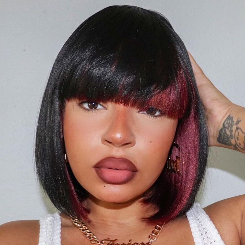 Photo 1 of ToyoTress Peek-a-boo Color Bob Wig With Bangs - 8 Inch Black Mix Burgundy Wine Red Blunt Cut Bob Wigs For Black Women, Short Straight Light Yaki Synthetic Daily Costume Cosplay Wigs (8 Inch, SH-Burg)
