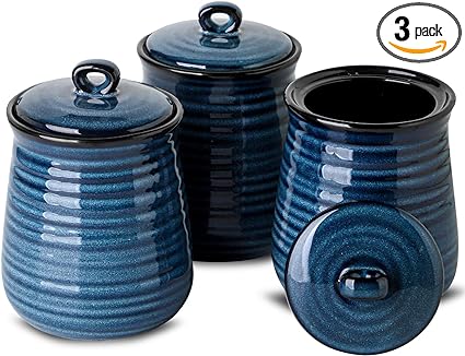 Photo 1 of Ceramic Food Storage Jars,25 Oz Porcelain Kitchen Canisters with Airtight Lids Set of 3,Flour Containers for Countertop,Farmhouse Decor Serving Ground Coffee,Tea,Sugar,Pasta and Rice,Blue
