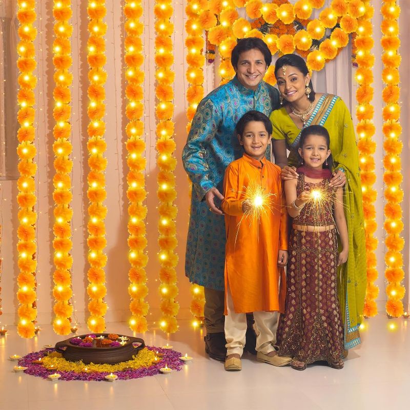 Photo 1 of Karenhi 10 Pcs 50 Feet Diwali Marigold Garland with LED Light, Indian Artificial Marigold Flower Garland for Wedding Backdrop Christmas Mantel Dia de Los Muertos Festival Event Decor (Orange)
