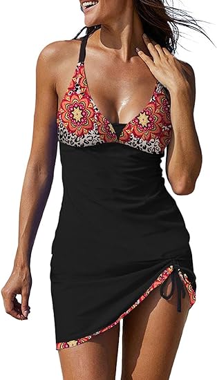 Photo 1 of EVALESS One Piece Tankini Bathing Suits for Women Tummy Control Swimsuits Sexy Deep V Neck Print Drawstring Skirt Swimwear XL