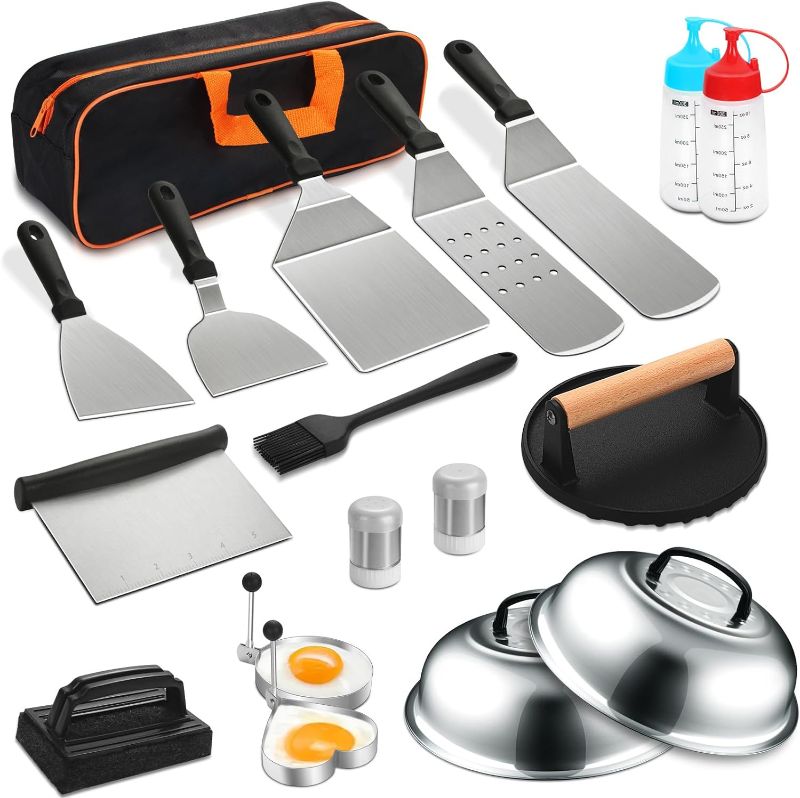Photo 1 of 19PCS Griddle Accessories Kit, Stainless Steel Flat Top Grill Accessories Set for Blackstone and Camp Chef, Grill Spatula Set with Enlarged Spatulas, Basting Cover, Scraper for Outdoor Barbecue
