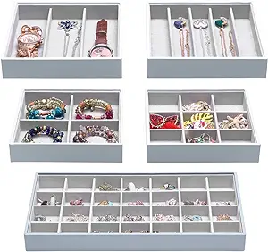 Photo 1 of Magic Stackable Jewelry Trays Closet Dresser Drawer Organizer for Accessories, Gadgets & Cosmetics, Storage Display Showcase Holder Box, Set of 5
