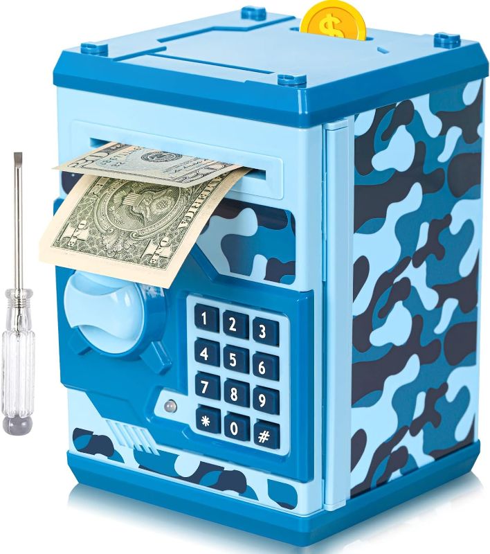 Photo 1 of ATM Piggy Bank for Boys Girls, Vcertcpl Mini ATM Coin Bank Money Saving Box with Password, Kids Safe Money Jar for Adults with Auto Grab Bill Slot, Great Gift Toy Bank for Kids(Camouflage Blue)
