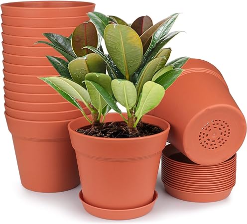 Photo 1 of HOMENOTE Pots for Plants, 15 Pack 6 inch Plastic Planters with Multiple Drainage Holes and Tray - Plant Pots for All Home Garden Flowers Succulents (Terra Cotta)
