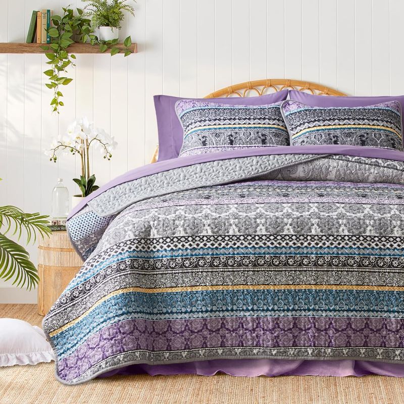 Photo 1 of 3 Pieces Colorful Bohemian Quilt Set Full Queen Size, Purple n Grey Boho Striped Printed Bedding Bedspread Coverlet Set for Summer, Soft Lightweight Microfiber Quilt with 2 Shams (88x88 inces)
