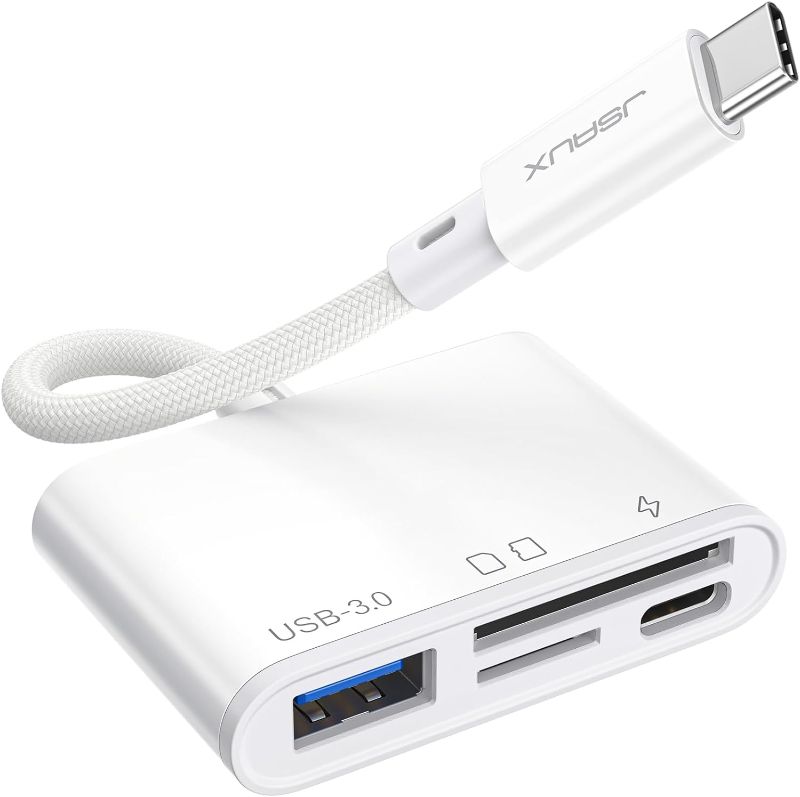 Photo 1 of 4-in-1 USB C SD Card Reader, JSAUX USB-C Micro SD Card Reader with (USB 3.0 & Charging) Port Compatible with iPhone 15/15 Plus/15 Pro/15 Pro Max, Android, Mac, Galaxy, iPad Pro, Camera -White
