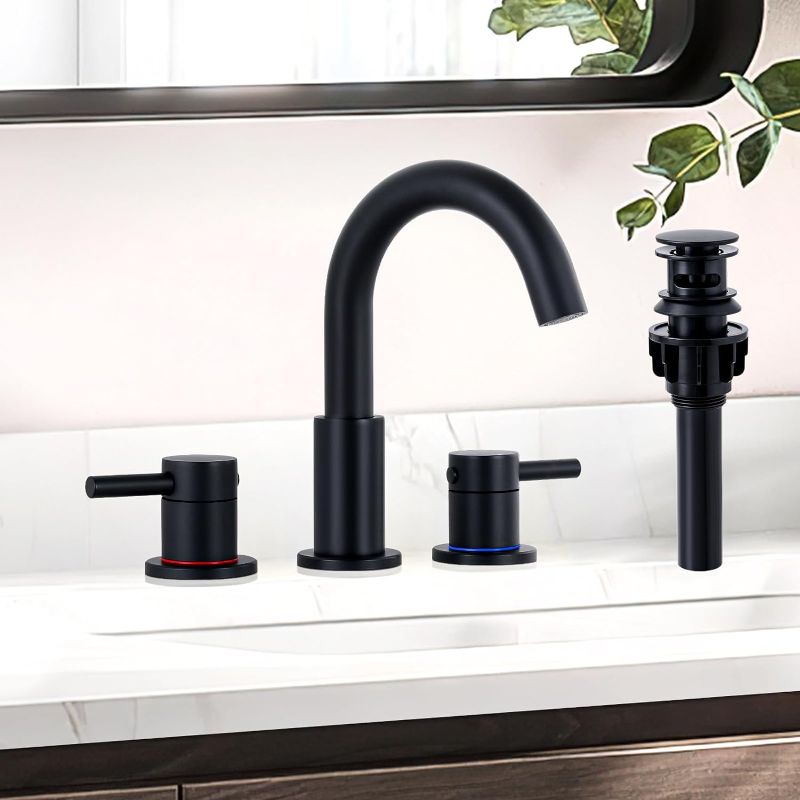 Photo 1 of Matte Black Bathroom Faucet 3 Hole, 8 inch Widespread Bathroom Faucet with Pop Up Drain, Bathroom Sink Faucet with 360° Swivel Spout, 2 Handle Vanity Faucet with Water Supply Hoses
