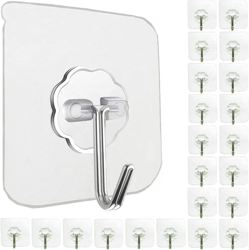 Photo 1 of 24 Pack Wall Hooks for Hanging 33lb(Max) Heavy Duty Self Adhesive Hooks Transparent Waterproof Sticky Hooks for Keys Bathroom Shower Outdoor Kitchen Door Home Improvement Utility Hooks
