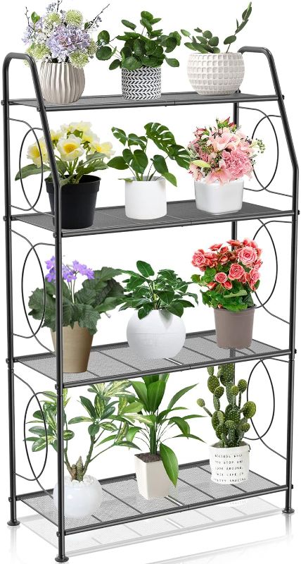 Photo 1 of Plant Stand, 4 Tier Plant Shelf for Indoor Outdoor, Heavy Duty Metal Tall Plant Stands Holder Rack for Living Room Balcony and Garden, Black
