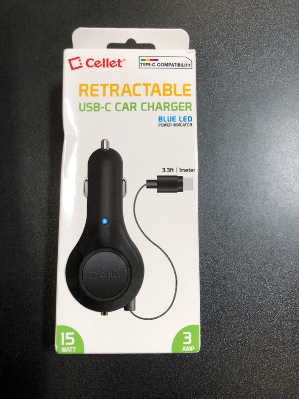 Photo 2 of cellet type-c (usb-c) compact retractable car charger for samsung note 10 9 8 galaxy a6 s10 s10+ s10e s9+ s9 s8 s8plus s8 activ