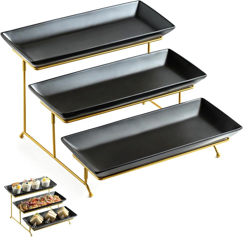 Photo 1 of LYEOBOH 3 Tier Serving Tray Set, Tiered Serving Stand with Platters, Serving Dishes for Entertaining Thanksgiving Christmas Party, Collapsible Sturdier Stand & 14 Inch Large Platters for Food Display
