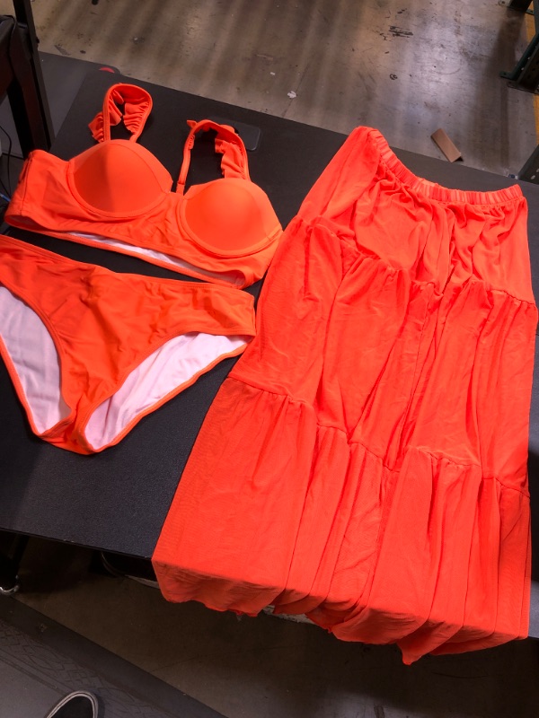 Photo 1 of 3 Piece Bikini Set With Mesh Skirt Orange Medium 